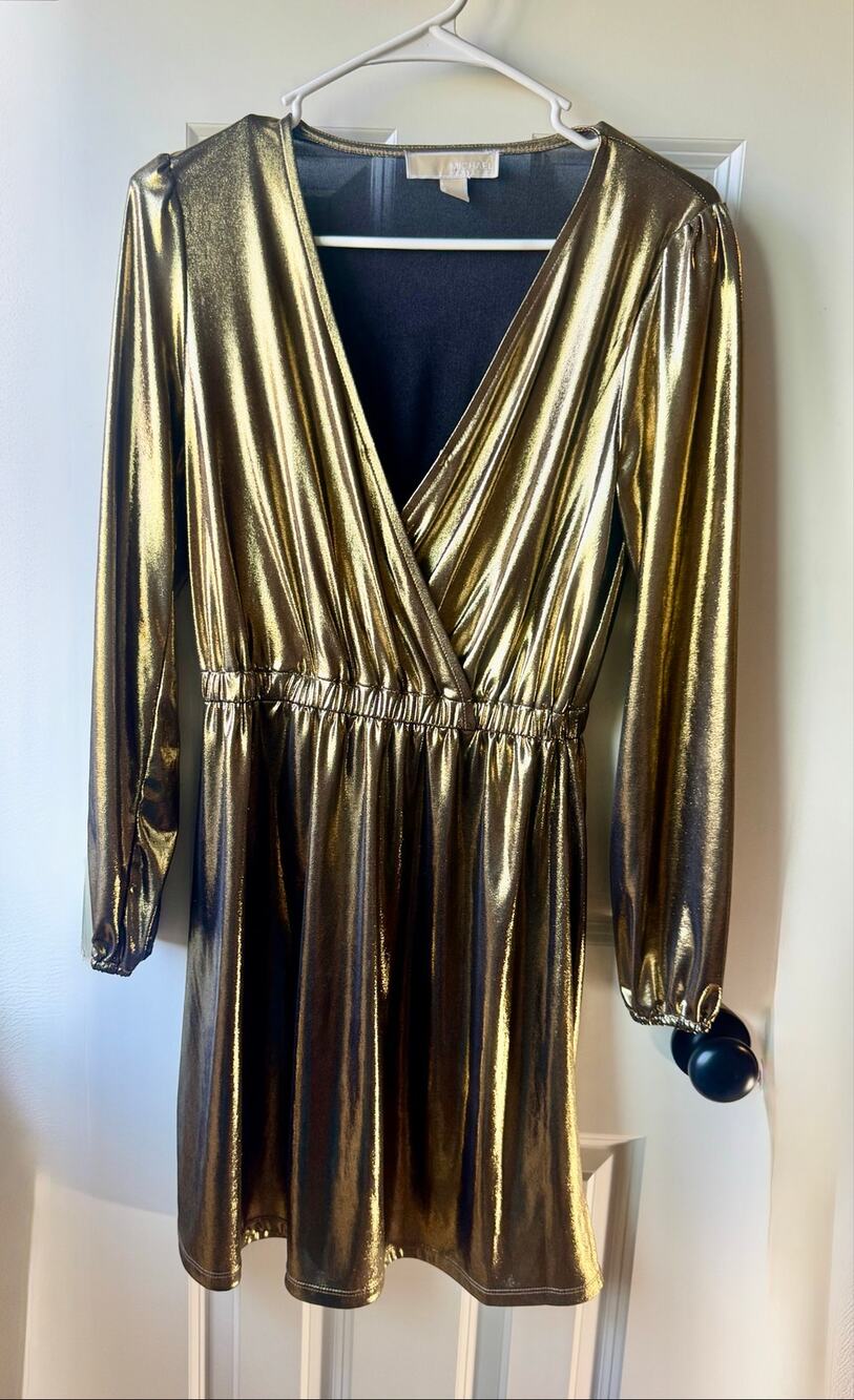 Michael Kors Gold Metallic Long Sleeve Faux Wrap Mini Dress Size XS